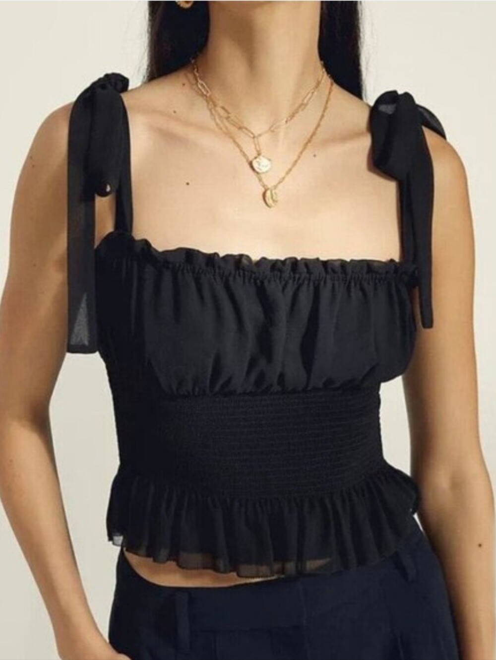 WILFRED ARITZIA Black Tie-Shoulder Smocked Peplum Top